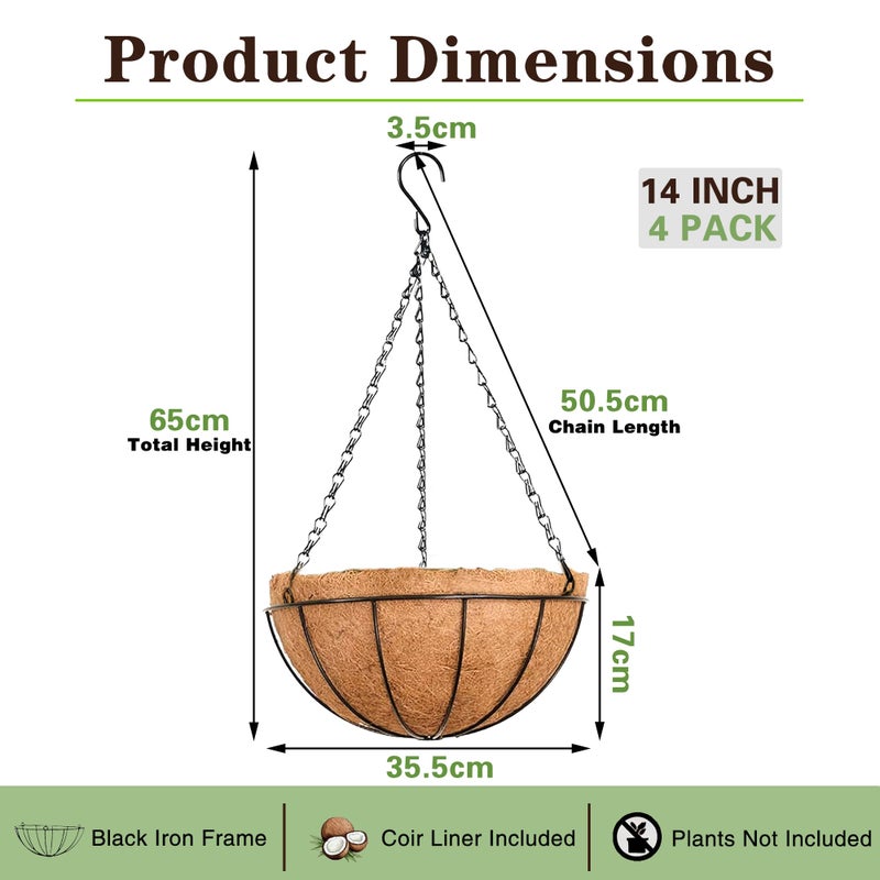 EIMQUVW Outdoor Metal Hanging Planters Basket (4pack, 14 inch) Hanging Baskets for Plants Chain Round Wire Plant Holder with Coco Fiber Liners for Garden, Patio, Deck, Porch - Image 4