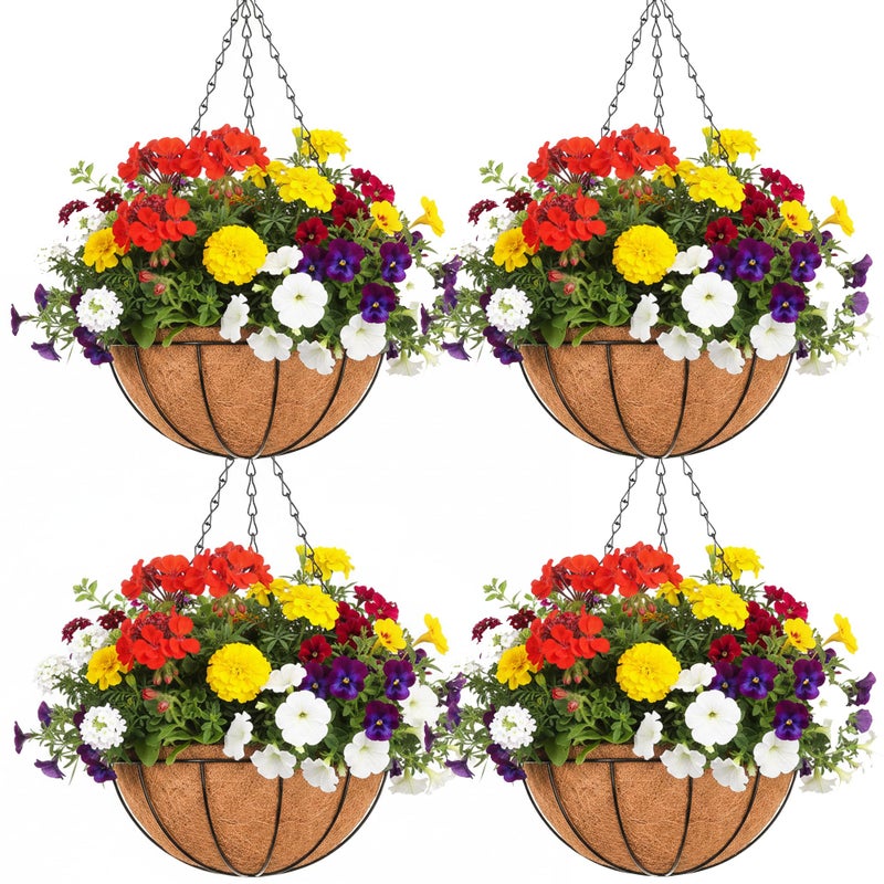 EIMQUVW Outdoor Metal Hanging Planters Basket (4pack, 14 inch) Hanging Baskets for Plants Chain Round Wire Plant Holder with Coco Fiber Liners for Garden, Patio, Deck, Porch - Image 1