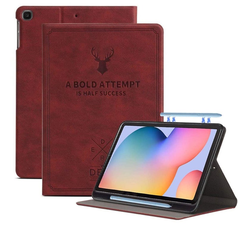 Robustrion Deer Flip Stand Case Cover [Auto Sleep Wake] with S Pen Holder for Samsung Galaxy Tab S6 Lite Tablet Cover 10.4 inch SM-P610/P615/P613 - Deer Vine Red - Image 1