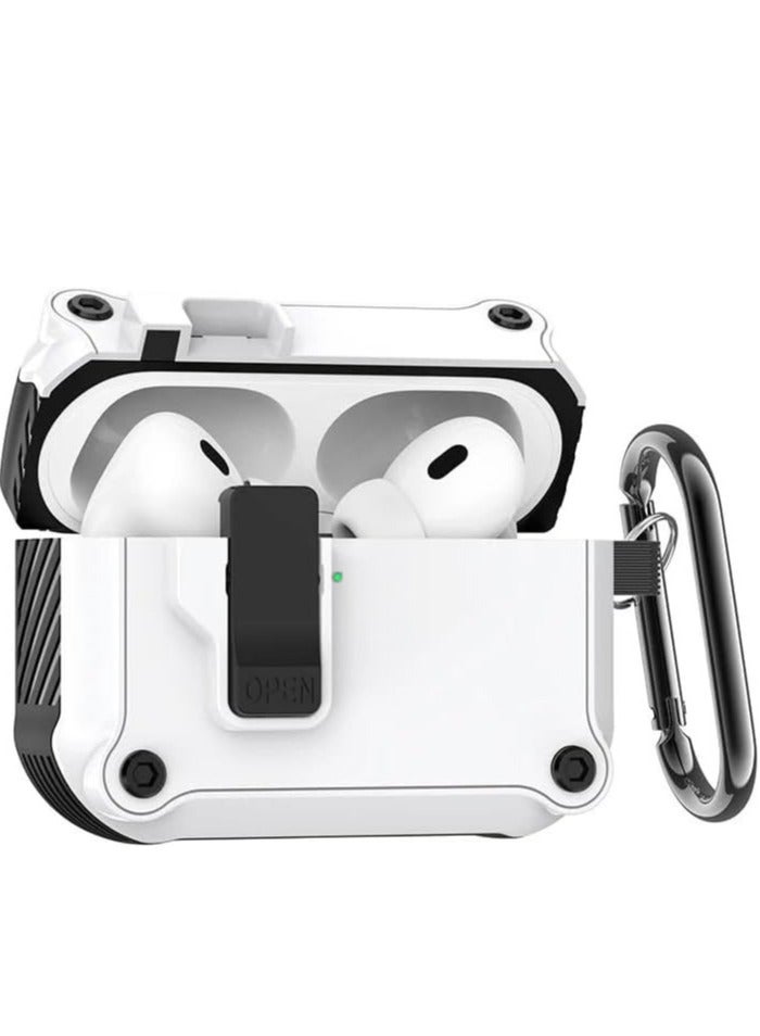 حافظة لجهاز Airpods4 بقفل مع سلسلة مفاتيح وغطاء واقٍ مدرع عسكري متين للرجال والنساء، غطاء مقاوم للصدمات (أبيض) - Image 1