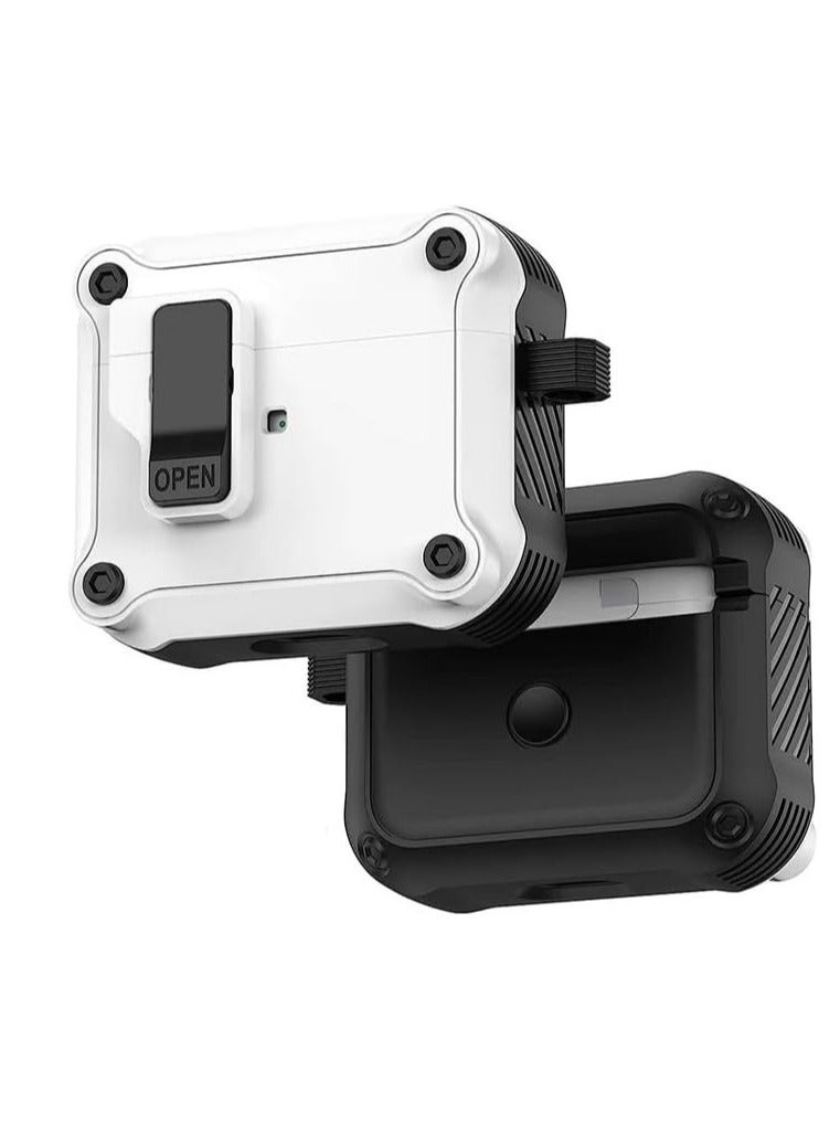 حافظة لجهاز Airpods4 بقفل مع سلسلة مفاتيح وغطاء واقٍ مدرع عسكري متين للرجال والنساء، غطاء مقاوم للصدمات (أبيض) - Image 2