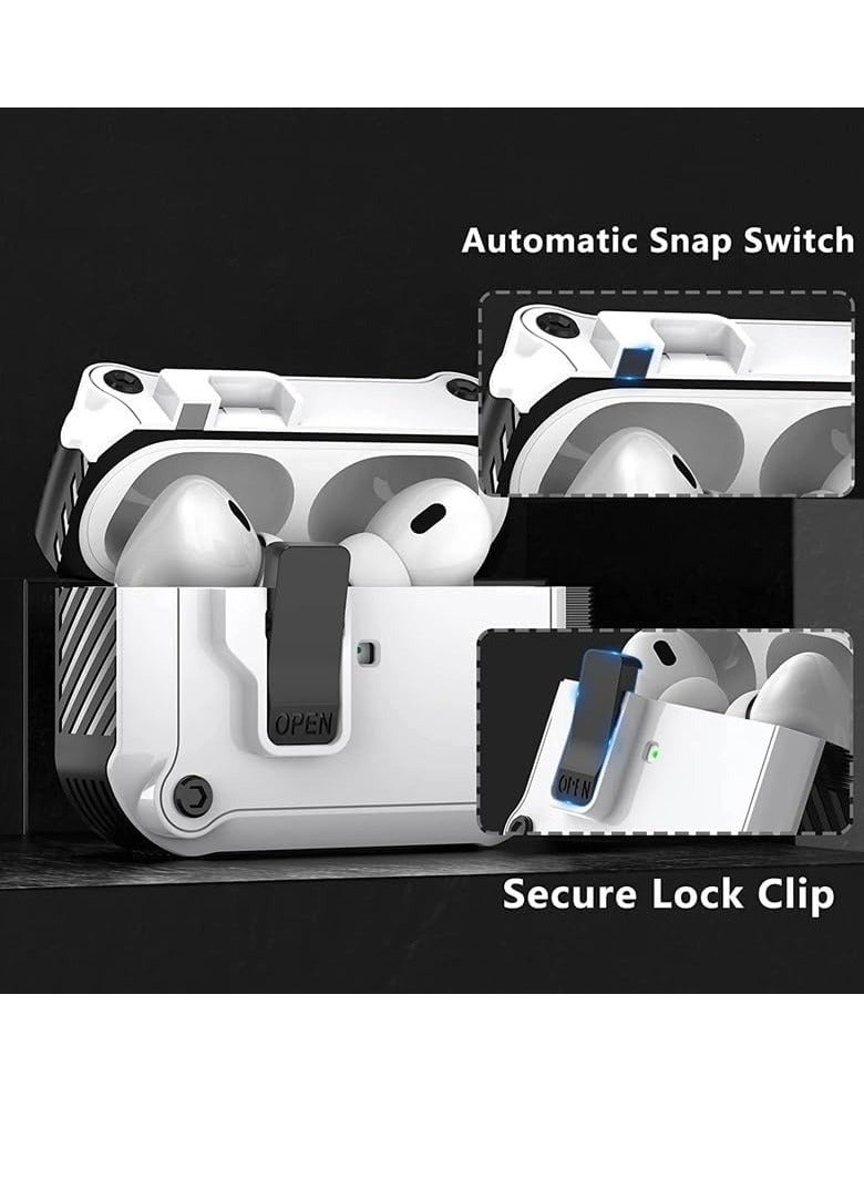 حافظة لجهاز Airpods4 بقفل مع سلسلة مفاتيح وغطاء واقٍ مدرع عسكري متين للرجال والنساء، غطاء مقاوم للصدمات (أبيض) - Image 4