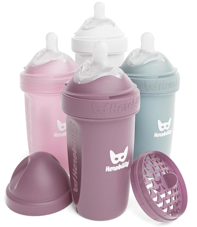 Herobility Double Anti-Colic Baby Bottles â€“ 8.5 fl oz/240ml â€“ 4-Pack â€“ Multicolor â€“ White, Gray, Pink, Hawthorn Rose - Image 1
