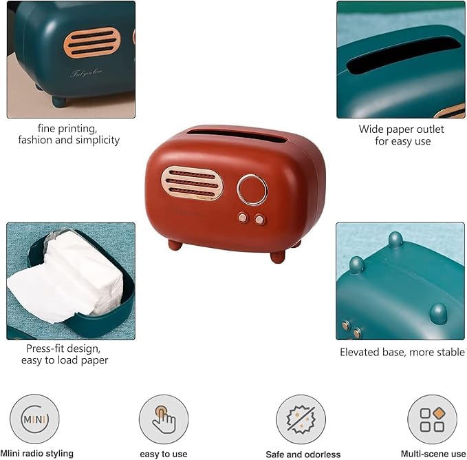 JAMBUVANTI Prim Enterprise Radio Model Tissue Box Napkin Organizer Vintage Paper Holder Paper Box Desktop Decoration Tissue Holder Vanity Countertops face Napkin and Holder (RED) - Image 4
