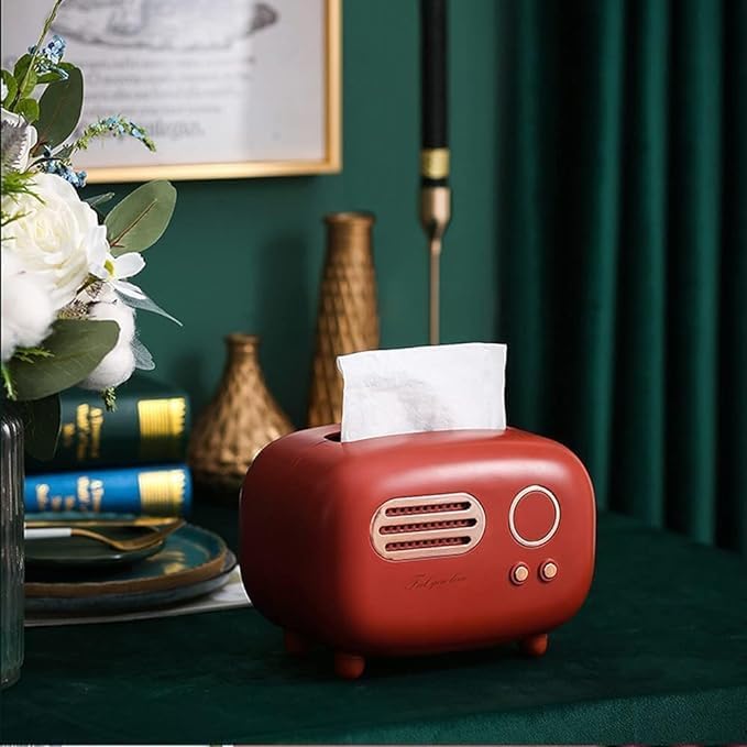 JAMBUVANTI Prim Enterprise Radio Model Tissue Box Napkin Organizer Vintage Paper Holder Paper Box Desktop Decoration Tissue Holder Vanity Countertops face Napkin and Holder (RED) - Image 1