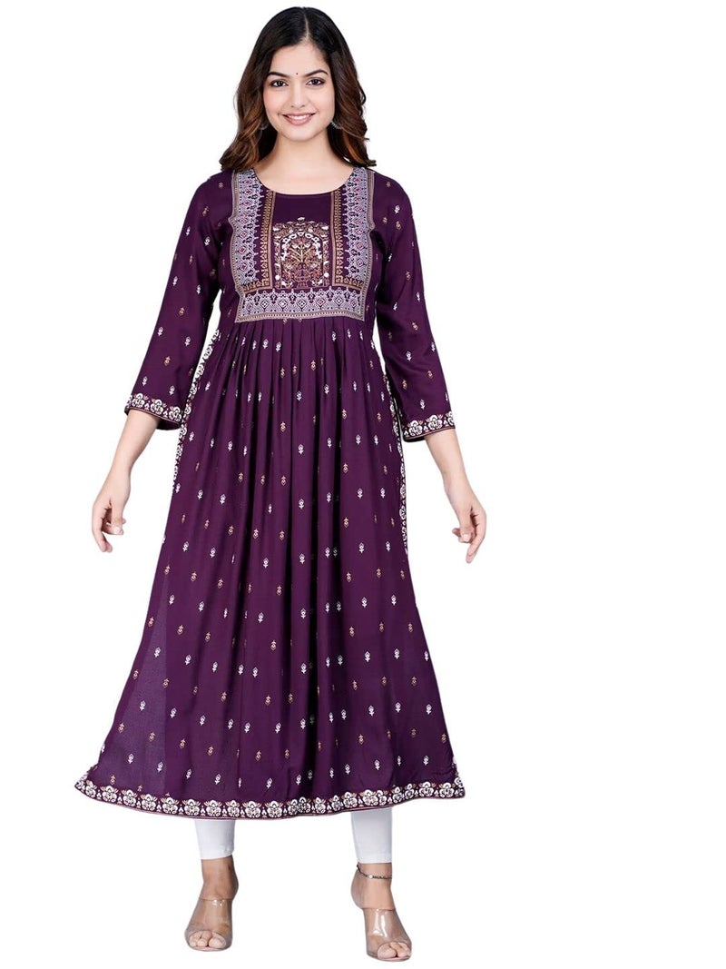 rytras Women's Rayon Printed Purple Nayra Cut Flared Kurta - Image 4