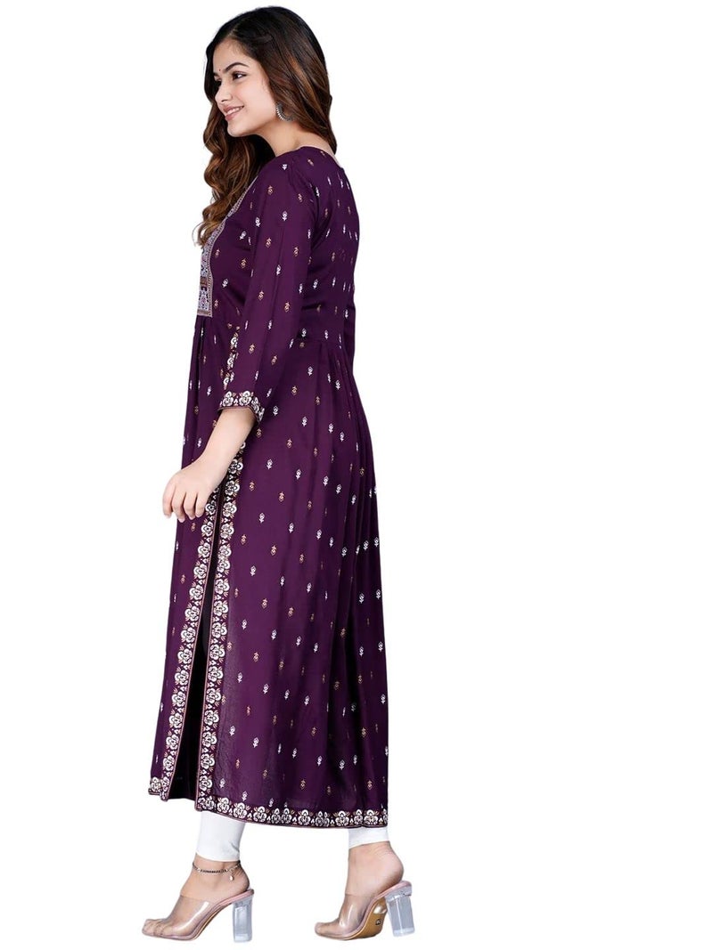 rytras Women's Rayon Printed Purple Nayra Cut Flared Kurta - Image 2