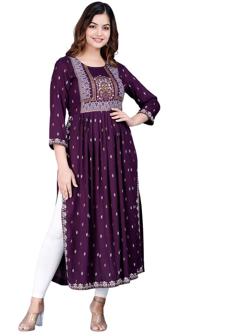 rytras Women's Rayon Printed Purple Nayra Cut Flared Kurta - Image 1