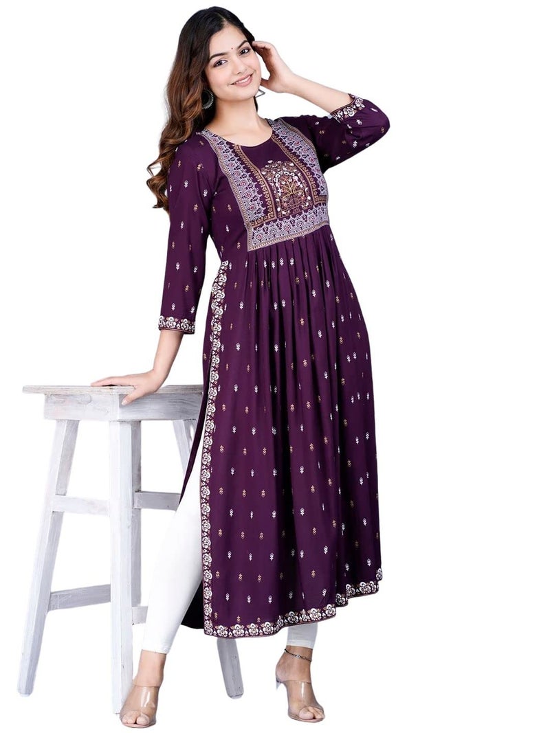 rytras Women's Rayon Printed Purple Nayra Cut Flared Kurta - Image 5