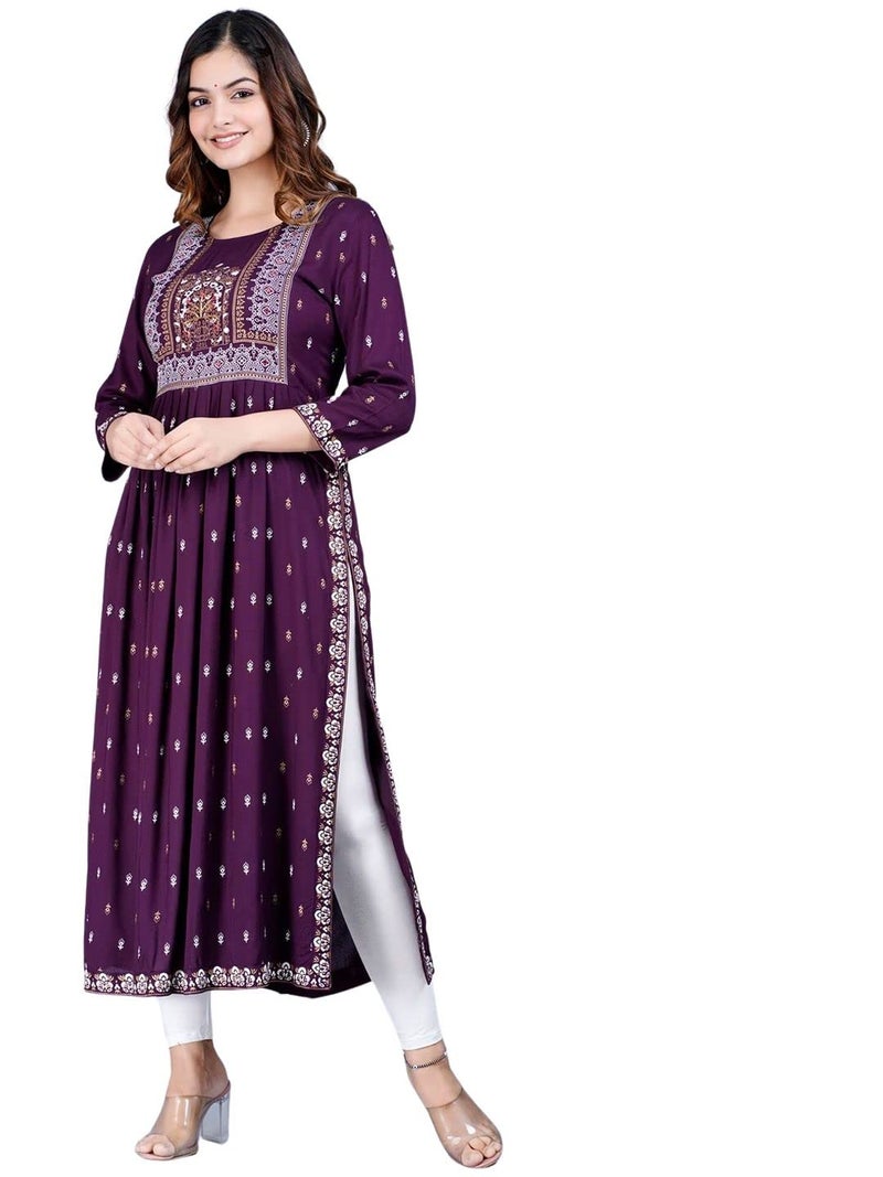 rytras Women's Rayon Printed Purple Nayra Cut Flared Kurta - Image 3