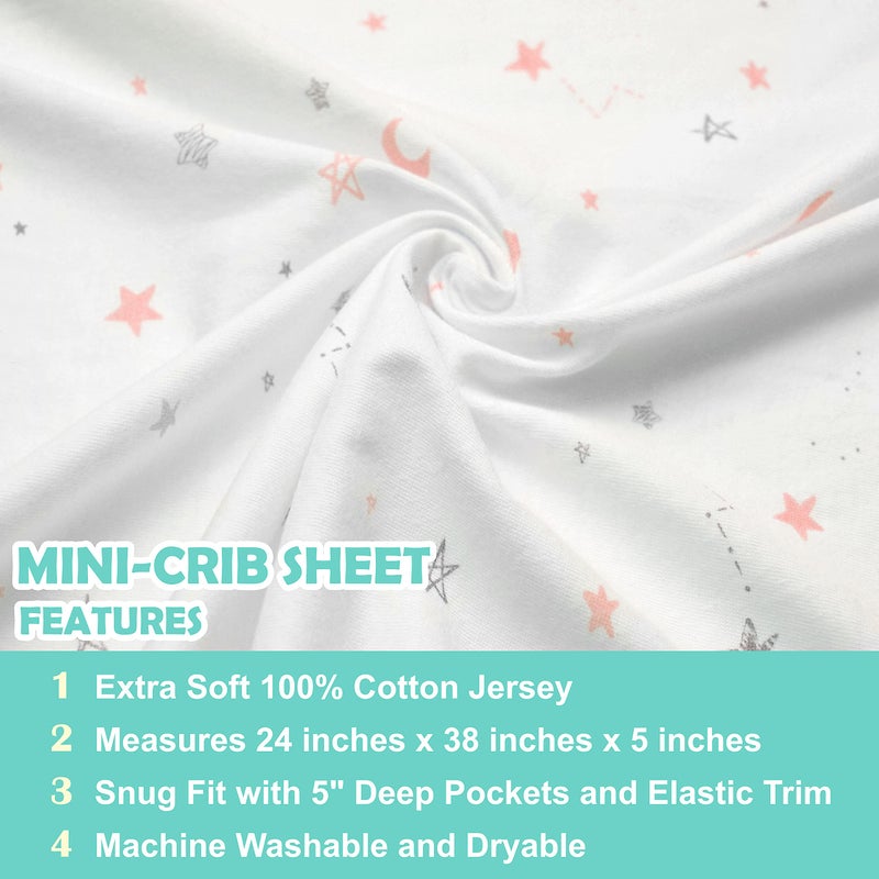 TL Care 100% Natural Cotton Fitted Mini Crib Sheet 38" x 24" - Soft & Breathable Small Nesting Portable Crib Sheet, Fits Pack N Play Mattresses, Pink Stars and Moon, for Boys & Girls - Image 4