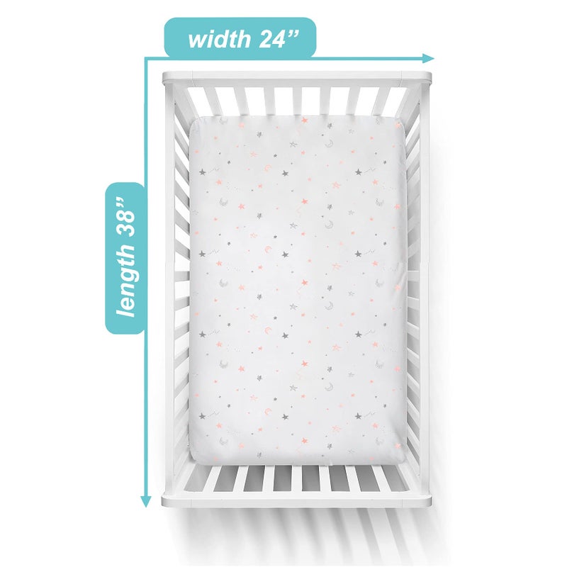 TL Care 100% Natural Cotton Fitted Mini Crib Sheet 38" x 24" - Soft & Breathable Small Nesting Portable Crib Sheet, Fits Pack N Play Mattresses, Pink Stars and Moon, for Boys & Girls - Image 3