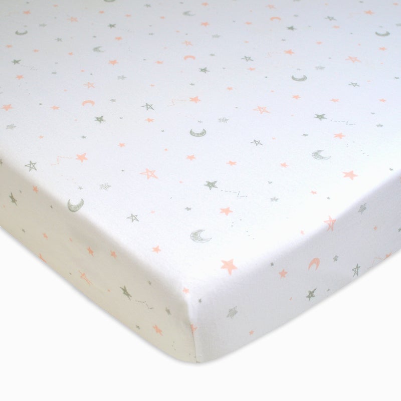 TL Care 100% Natural Cotton Fitted Mini Crib Sheet 38" x 24" - Soft & Breathable Small Nesting Portable Crib Sheet, Fits Pack N Play Mattresses, Pink Stars and Moon, for Boys & Girls - Image 1