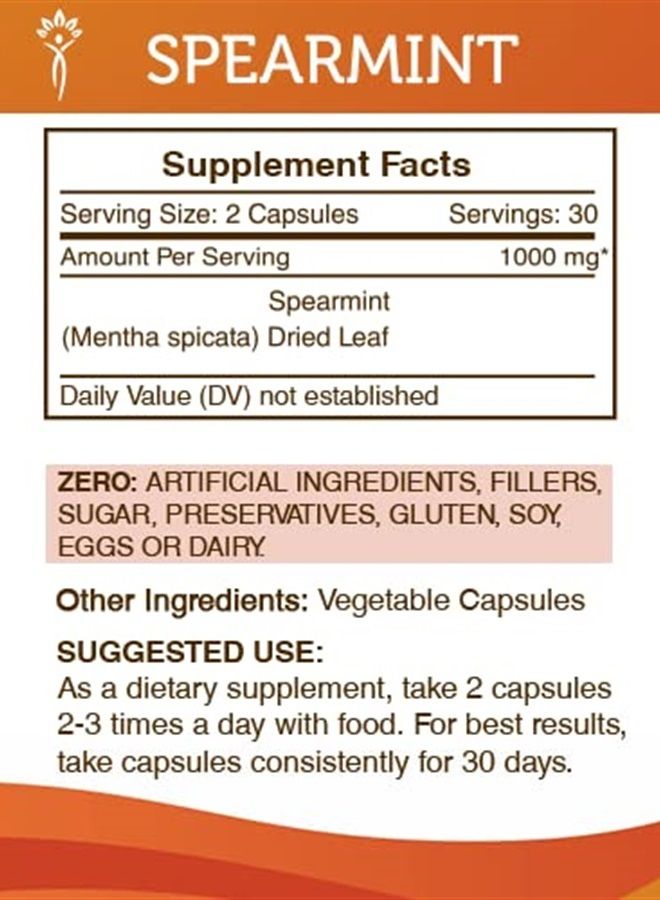 Secrets of the Tribe Spearmint Capsules 1000 mg Spearmint (Mentha spicata) Dried Leaf, Women's Hormone Support Supplement (60 Capsules) - Image 2