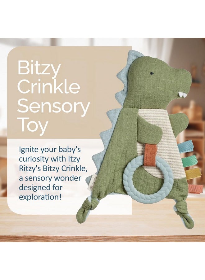 Itzy Ritzy Itzy Ritzy - Bitzy Crinkle Sensory Toy Dinosaur with Crinkle Sound for Babies & Toddlers - Features Soft Braided Teething Ring & Textured Ribbons, Designed for Ages 0 Months and Up, Dinosaur  - Image 2