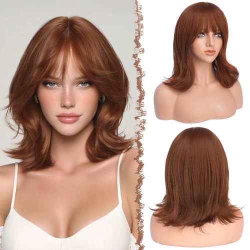 FESHFEN Shoulder Length Bob Wigs with Bangs for Women Auburn Natural Layered Wavy Synthetic Wig For Daily Party Costume Use 14 Inch - Image 1