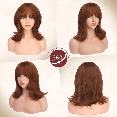 FESHFEN Shoulder Length Bob Wigs with Bangs for Women Auburn Natural Layered Wavy Synthetic Wig For Daily Party Costume Use 14 Inch - Image 3