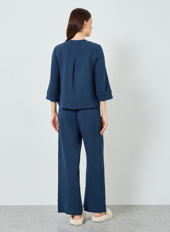Styli Women Double Gauze Cotton Tie Front Top and Wide Leg Pyjama Set - Image 5