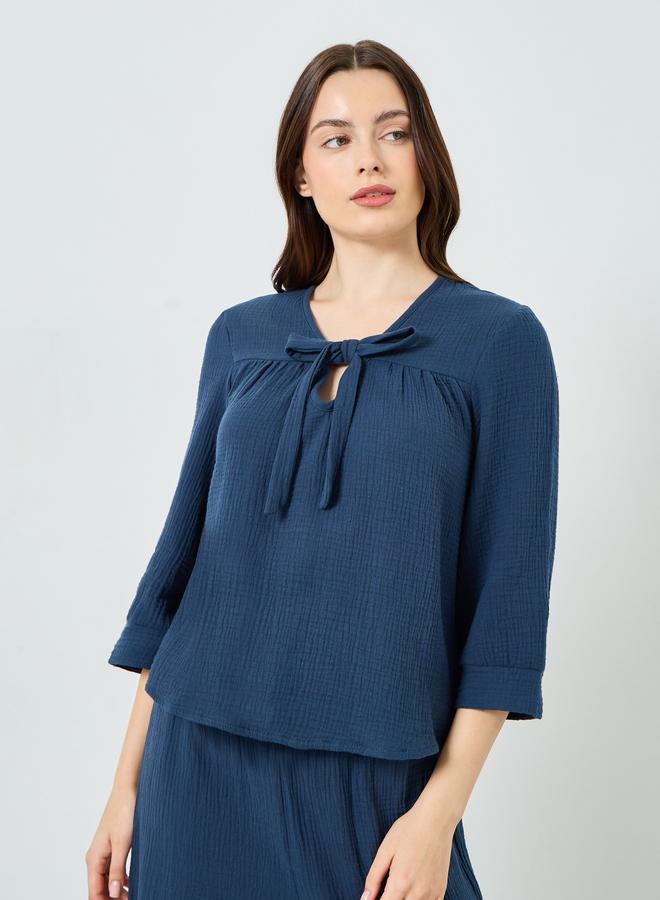 Styli Women Double Gauze Cotton Tie Front Top and Wide Leg Pyjama Set - Image 3