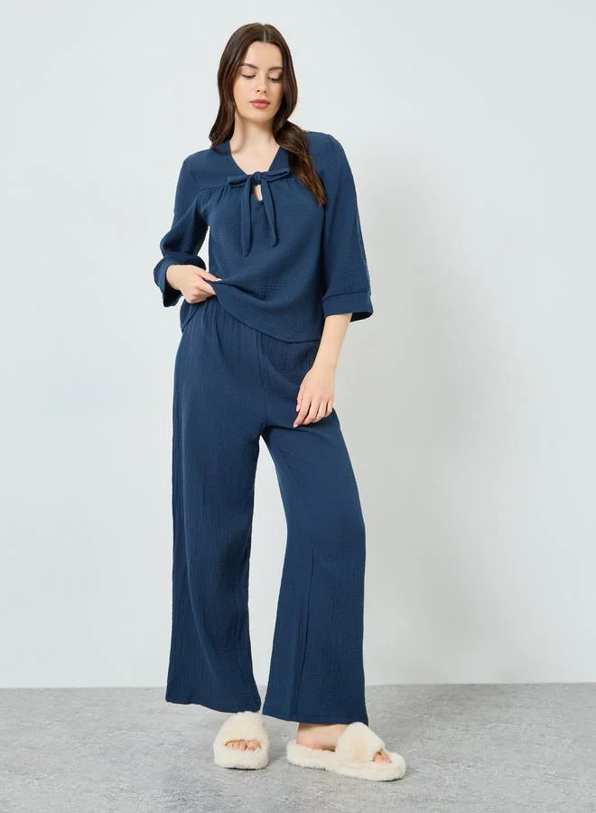 Styli Women Double Gauze Cotton Tie Front Top and Wide Leg Pyjama Set