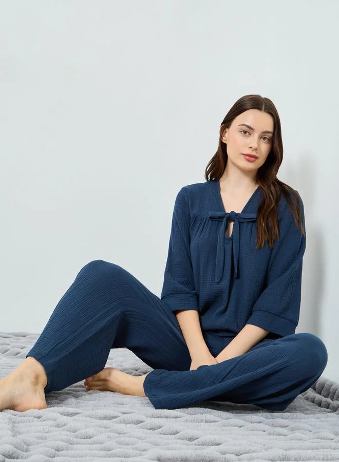 Styli Women Double Gauze Cotton Tie Front Top and Wide Leg Pyjama Set