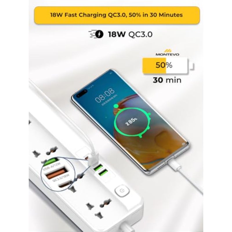 5 Way 3M Power Extension Cord with 4 USB Ports 20W USB-C PD USB-A QC Fast Charging 5 Universal Outlet Multi Plug Power Strip Includes 2 USB Cables 3 Meters Cable Home Office Travel Use - Image 4
