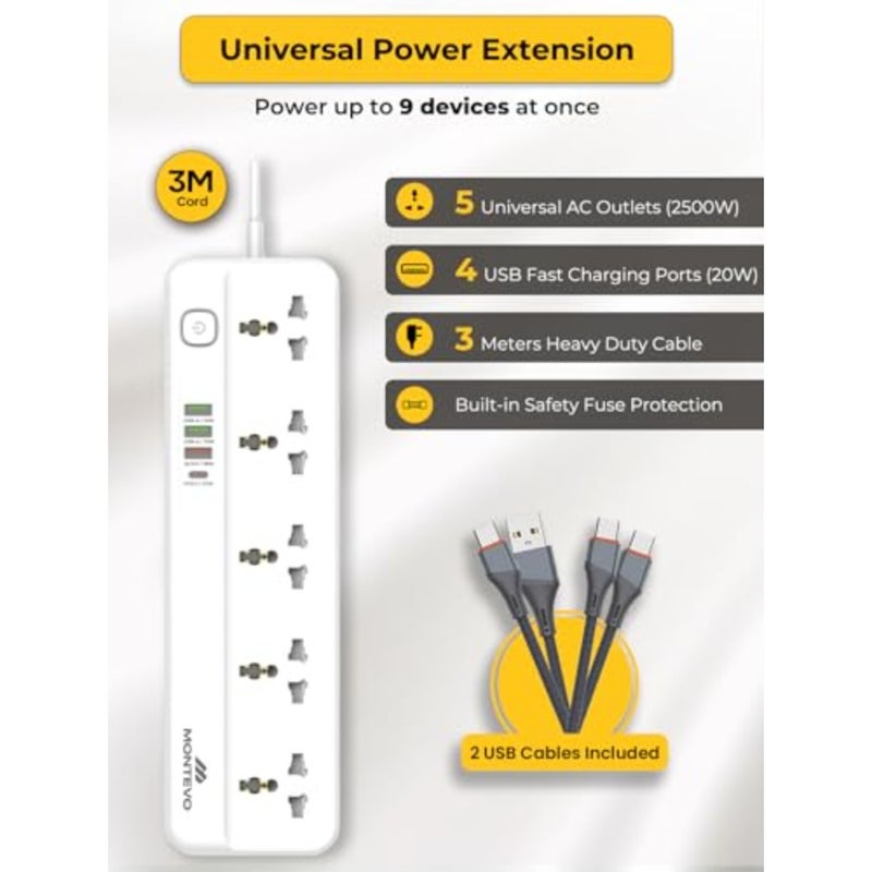 5 Way 3M Power Extension Cord with 4 USB Ports 20W USB-C PD USB-A QC Fast Charging 5 Universal Outlet Multi Plug Power Strip Includes 2 USB Cables 3 Meters Cable Home Office Travel Use - Image 2
