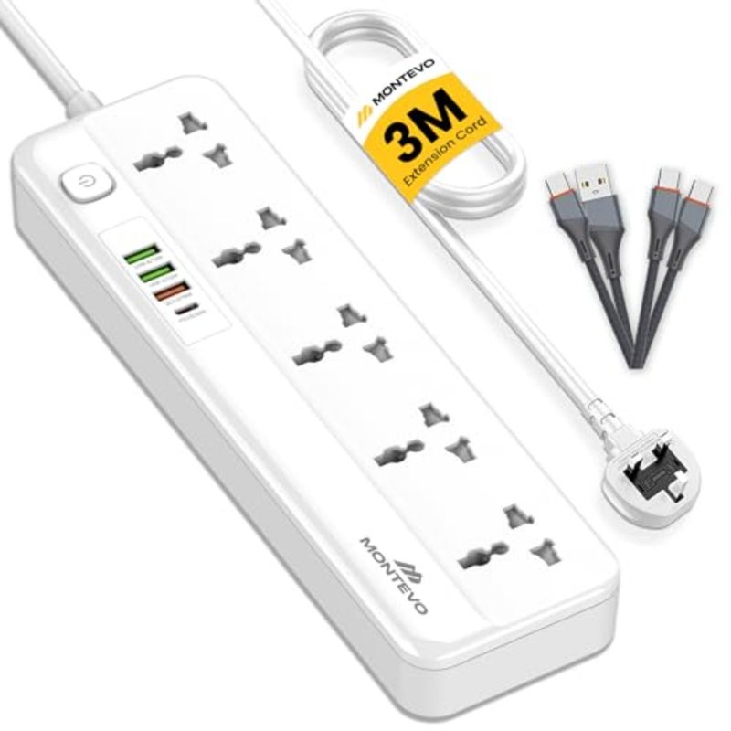 5 Way 3M Power Extension Cord with 4 USB Ports 20W USB-C PD USB-A QC Fast Charging 5 Universal Outlet Multi Plug Power Strip Includes 2 USB Cables 3 Meters Cable Home Office Travel Use - Image 1