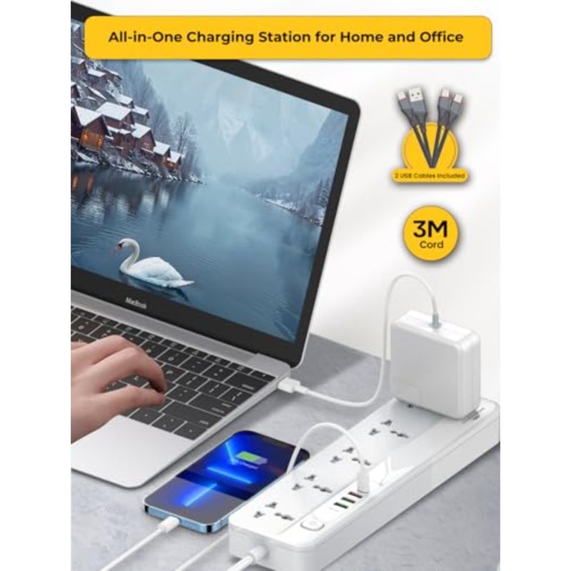 5 Way 3M Power Extension Cord with 4 USB Ports 20W USB-C PD USB-A QC Fast Charging 5 Universal Outlet Multi Plug Power Strip Includes 2 USB Cables 3 Meters Cable Home Office Travel Use - Image 5