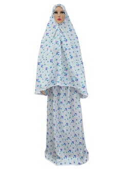 City Rose Islamic Womens Pray khimar 2 Pieces Sets Cotton Dress Hijab Abaya Suit White with Blue and Purple Flowers  - Image 1