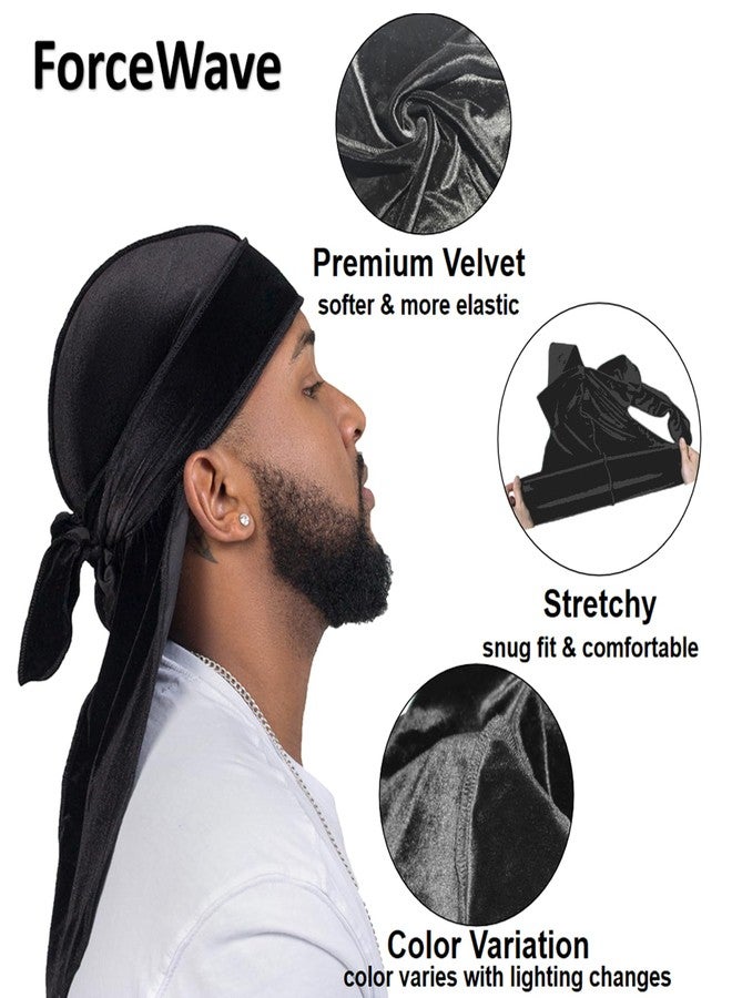 ForceWave Velvet Durags for Men Premium Du Rags Pack of 4 for Men Women with Long Tail and Wide Strap - Image 2