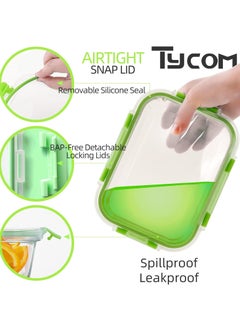 TYCOM Glass Meal Prep Containers 10 Pieces Rectangle Glass Food Storage Containers with Lids Glass Lunch Box Portion Control Airtight Glass Bento Box Lunch Containers 10P Rectangle Green.  - Image 2