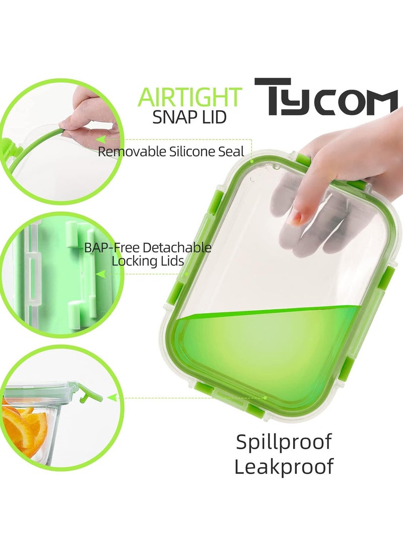 TYCOM Glass Meal Prep Containers 10 Pieces Rectangle Glass Food Storage Containers with Lids Glass Lunch Box Portion Control Airtight Glass Bento Box Lunch Containers 10P Rectangle Green.  - Image 2