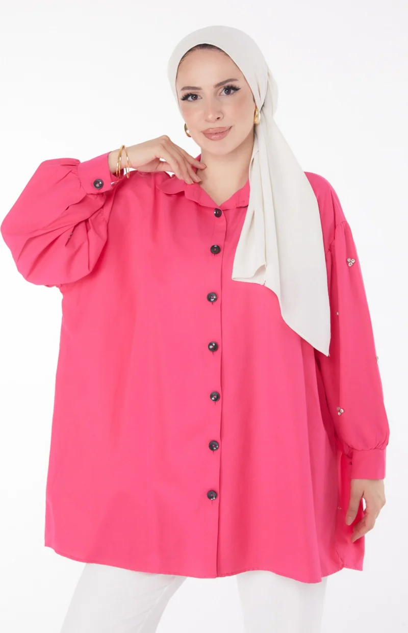 Tofisa Plain Shirt Collar Women's Fuchsia Tunic - 13022