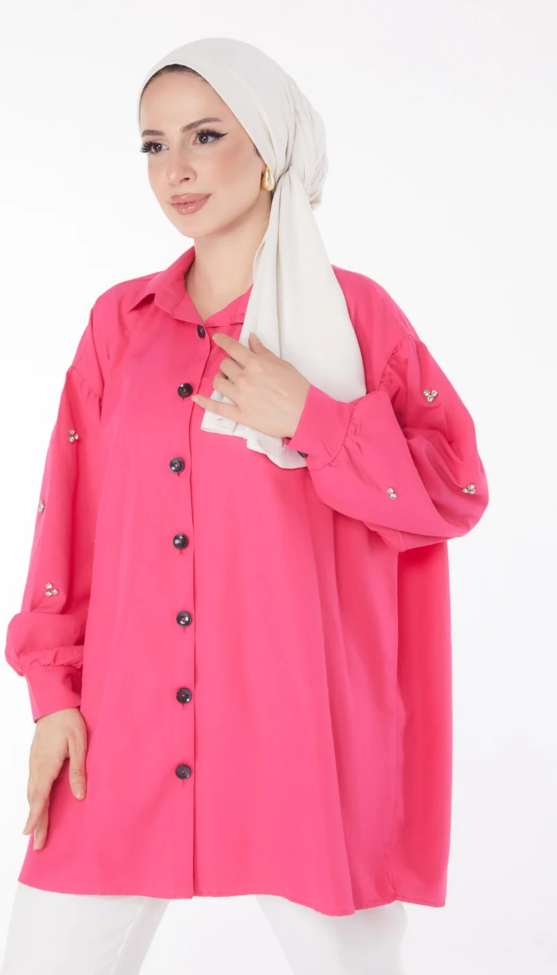 Tofisa Plain Shirt Collar Women's Fuchsia Tunic - 13022