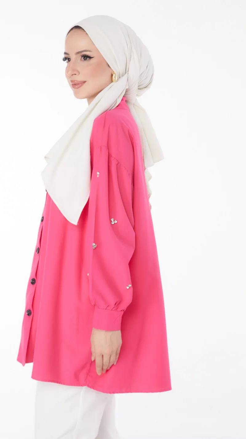 Tofisa Plain Shirt Collar Women's Fuchsia Tunic - 13022