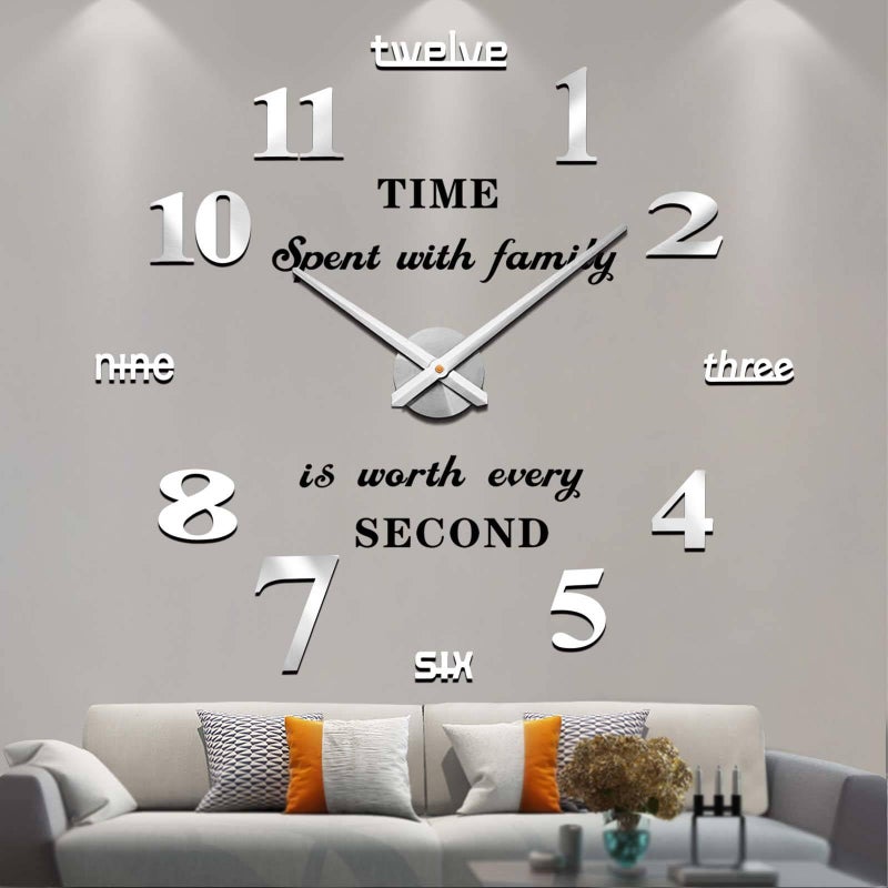 VANGOLD Large Wall Clocks for Living Room Decor, DIY Wall Clock Modern 3D Wall Clock with Mirror Numbers Stickers for Home Office Decorations Ideas (Black) - Image 1