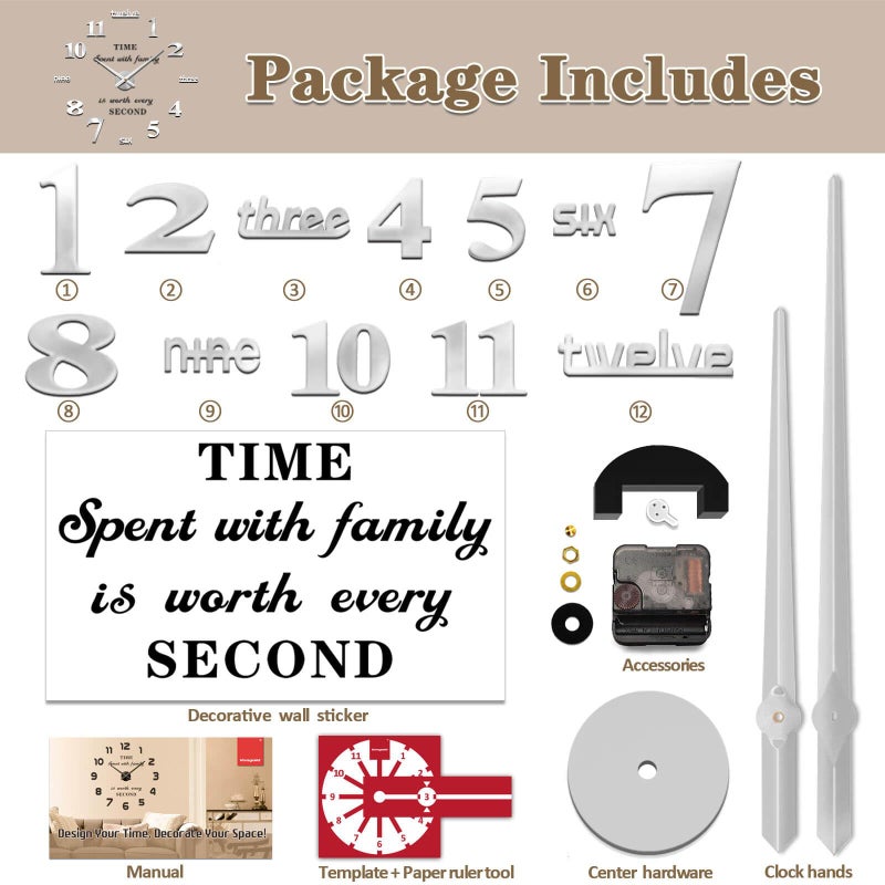 VANGOLD Large Wall Clocks for Living Room Decor, DIY Wall Clock Modern 3D Wall Clock with Mirror Numbers Stickers for Home Office Decorations Ideas (Black) - Image 5