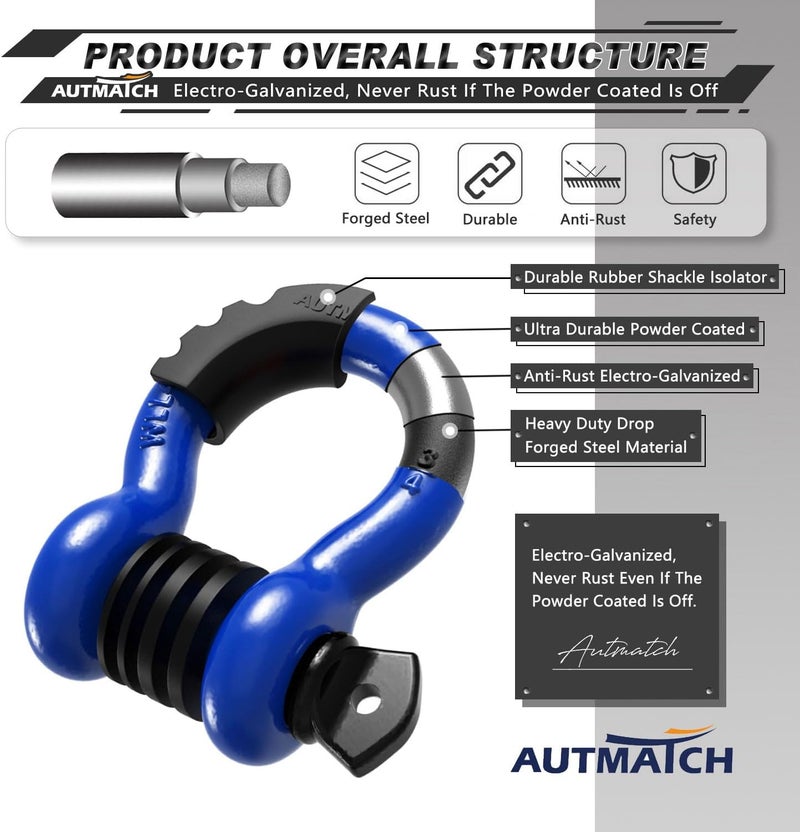 AUTMATCH D Ring Shackle 3/4" Shackles (2 Pack) 41,887Ibs Break Strength with 7/8" Screw Pin and Shackle Isolator Washers Kit for Tow Strap Winch Off Road Vehicle Recovery Blue & Black - Image 4