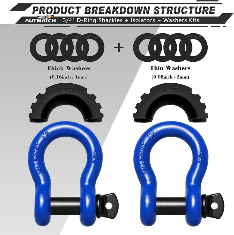 AUTMATCH D Ring Shackle 3/4" Shackles (2 Pack) 41,887Ibs Break Strength with 7/8" Screw Pin and Shackle Isolator Washers Kit for Tow Strap Winch Off Road Vehicle Recovery Blue & Black - Image 2