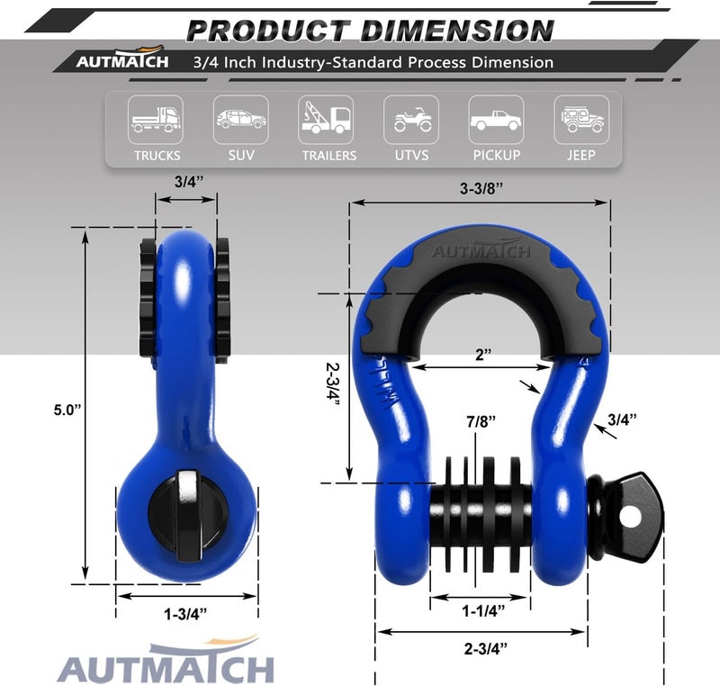 AUTMATCH D Ring Shackle 3/4" Shackles (2 Pack) 41,887Ibs Break Strength with 7/8" Screw Pin and Shackle Isolator Washers Kit for Tow Strap Winch Off Road Vehicle Recovery Blue & Black - Image 3