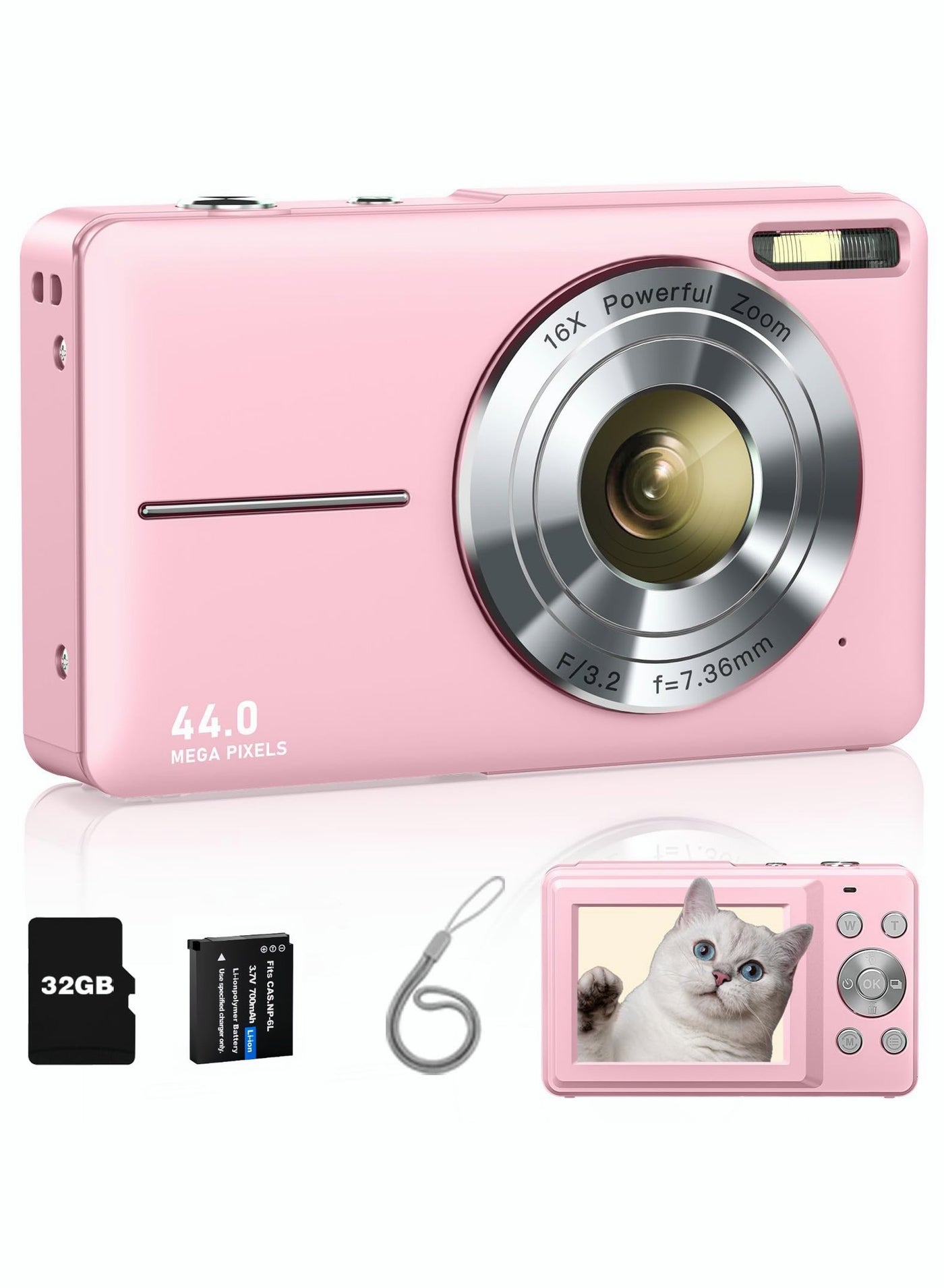 Milatech Digital Camera, FHD 1080P Kids Camera 44MP Point and Shoot Digital Cameras with 32GB SD Card, 16X Zoom, Lanyard