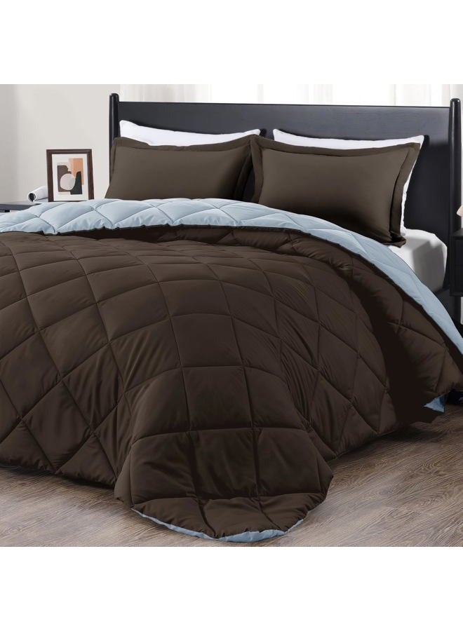 downluxe King Size Comforter Set - Brown and Blue King Comforter, Soft Bedding Sets for All Seasons -3 Pieces - 1 Comforter (104"x92") and 2 Pillow Shams(20"x36") - Image 1