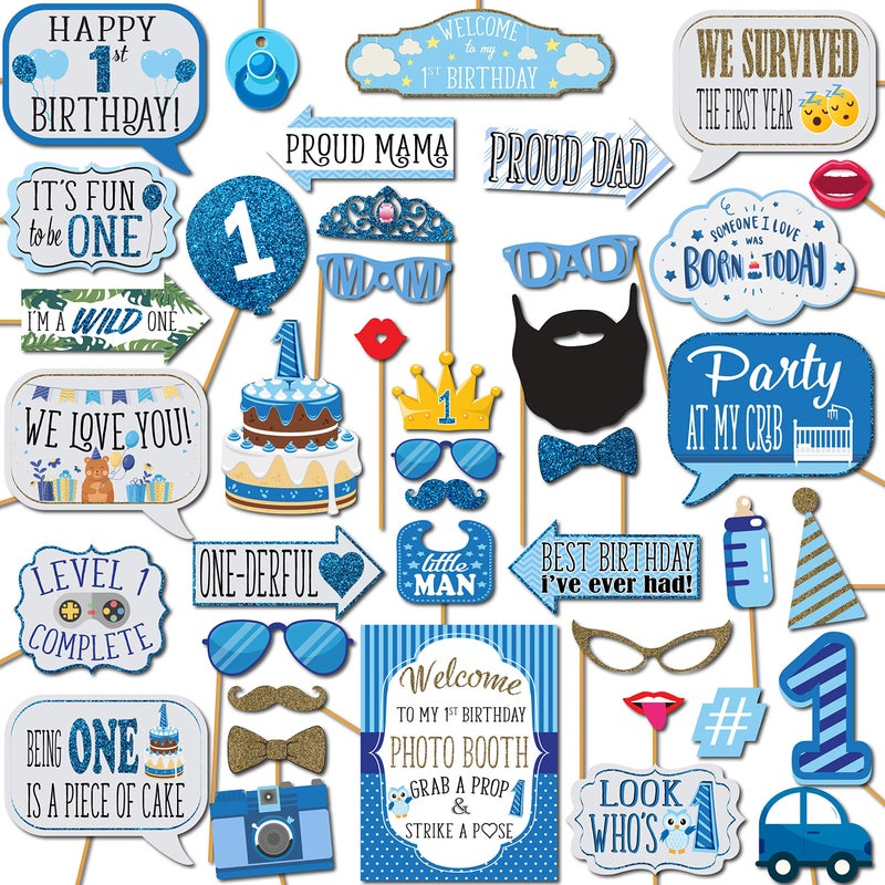 1st Birthday Boy Photo Booth Props  41pc Photobooth Kit with 8 x 10Inch Sign 60 Adhesive Pads 45 Sticks  First Birthday Photo Kit