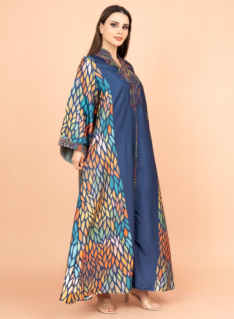 IKKXA Mandarin Collar Embroidered Jalabiya IK1013 Blue - Image 3