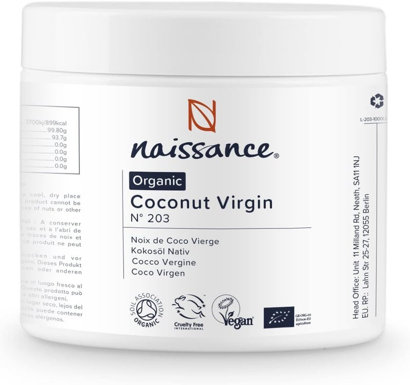 Naissance Organic Virgin Coconut Oil solid 250g Pure Natural Certified Organic Unrefined Moisturising Conditioning Ideal for DIY Beauty Recipes