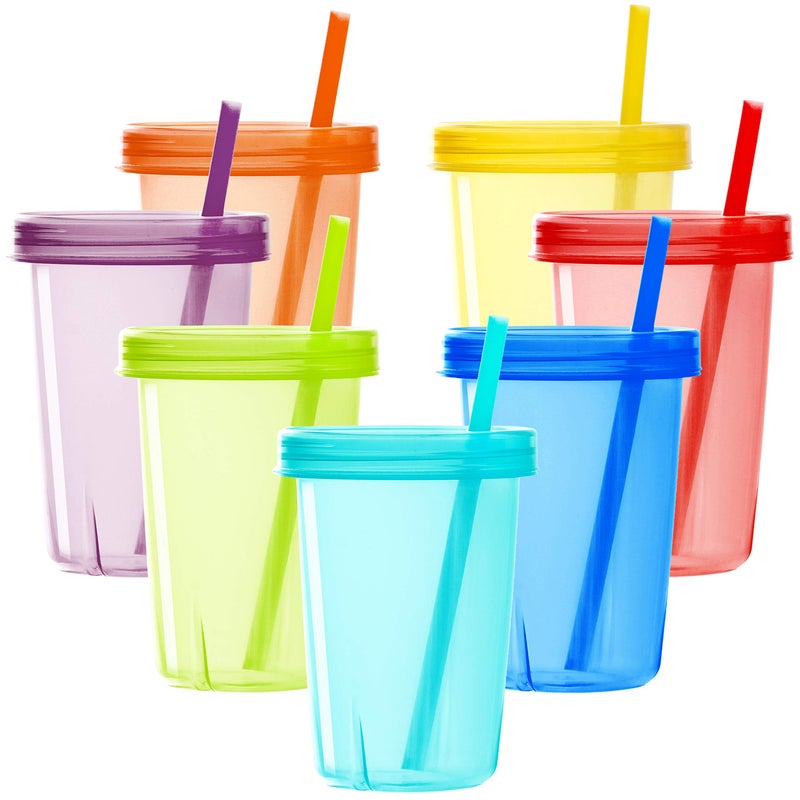 Youngever 7 Sets Plastic Kids Cups with Lids and Straws, 7 Reusable Toddler Cups with Straws in 7 Assorted Colors - Image 1