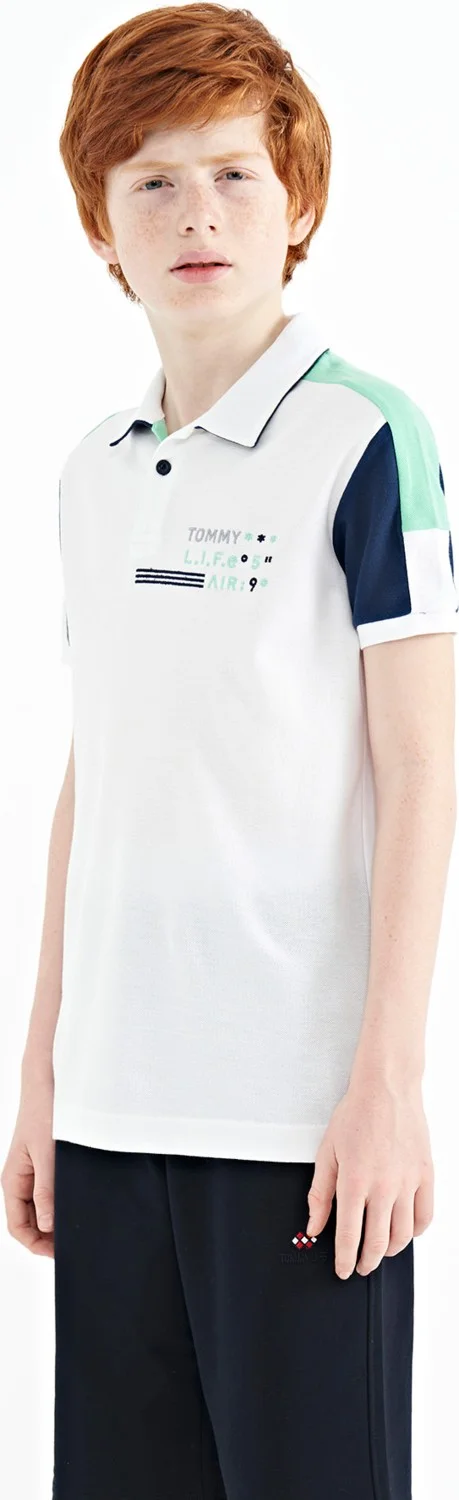 تومي لايف White Color Block Shoulder Garni Detailed Standard Pattern Boy T-Shirt - 11155
