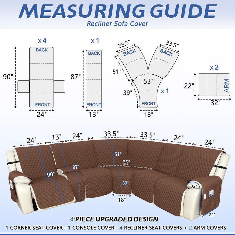 Arfntevss Recliner Sectional Couch Covers 1OO% Waterproof L Shape Sofa Cover for Reclining L Shaped Sectional Slipcover Dog Washable Corner Non Slip Protector (5 Seater with 1 Console, Coffee) - Image 2
