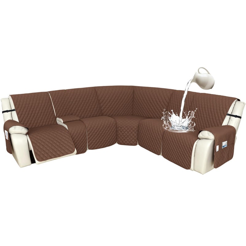 Arfntevss Recliner Sectional Couch Covers 1OO% Waterproof L Shape Sofa Cover for Reclining L Shaped Sectional Slipcover Dog Washable Corner Non Slip Protector (5 Seater with 1 Console, Coffee) - Image 1